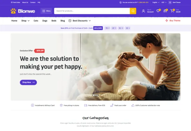Evcil Hayvan (E-Ticaret) web sitesi örneği: Evcil Hayvan Mağazası ana sayfası