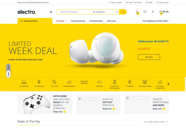 Elektronik (E-Ticaret) web sitesi örneği: Elektronik Market Pro ana sayfası
