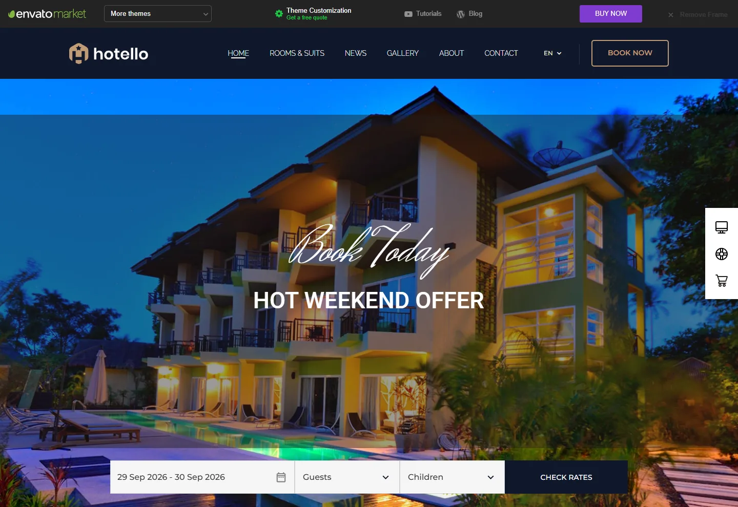Otel web sitesi örneği: Otel Pro ana sayfası