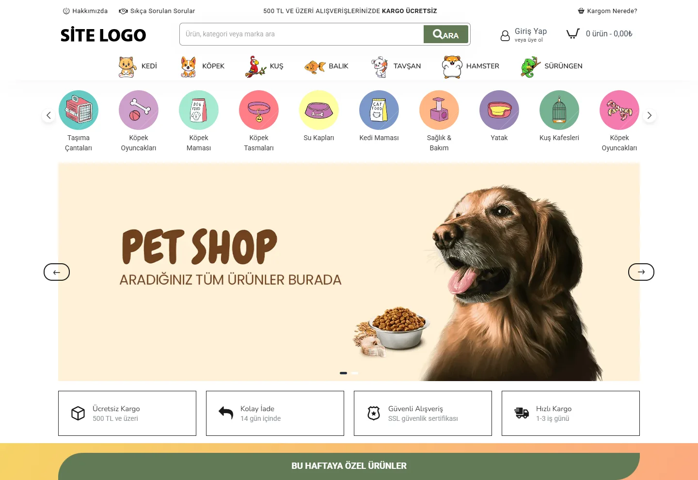 Evcil Hayvan (E-Ticaret) web sitesi örneği: PATİ PET SHOP ana sayfası