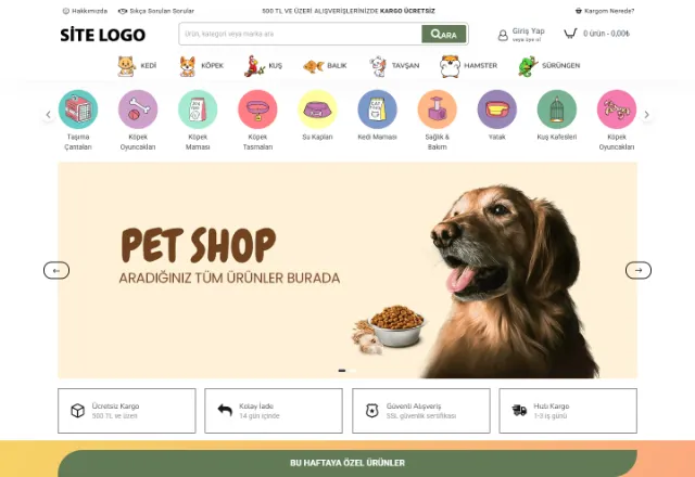 Evcil Hayvan (E-Ticaret) web sitesi örneği: PATİ PET SHOP ana sayfası
