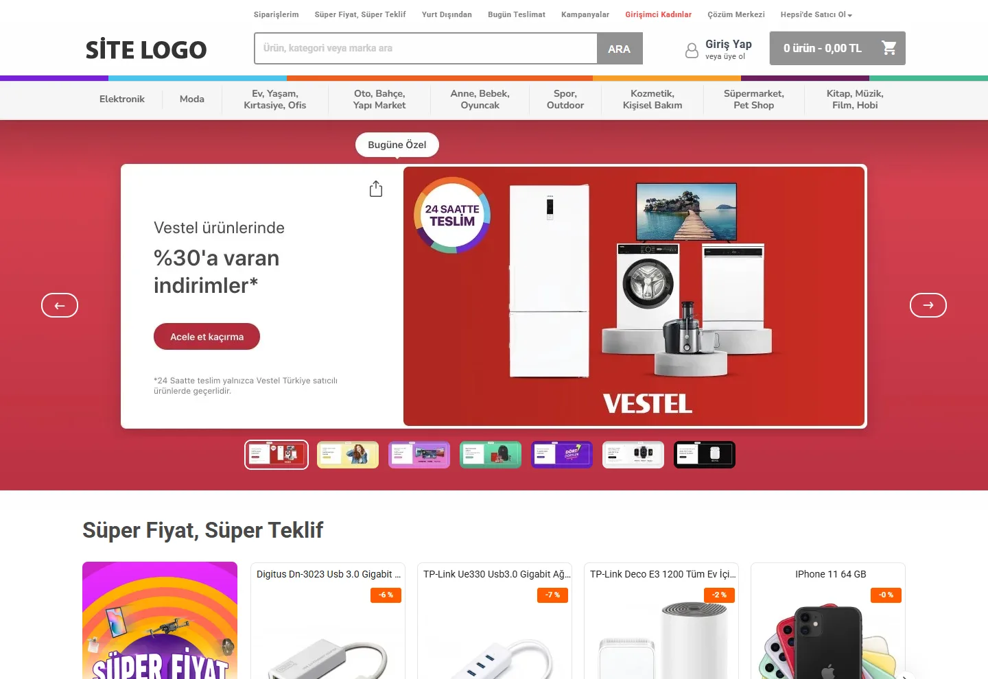 Pazaryeri (E-Ticaret) web sitesi örneği: Pazaryeri 1 ana sayfası