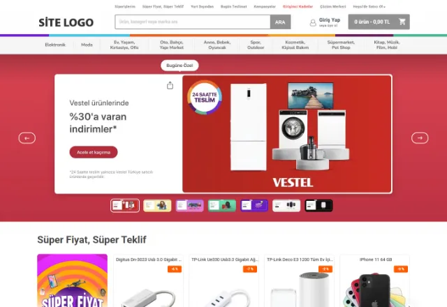 Pazaryeri (E-Ticaret) web sitesi örneği: Pazaryeri 1 ana sayfası