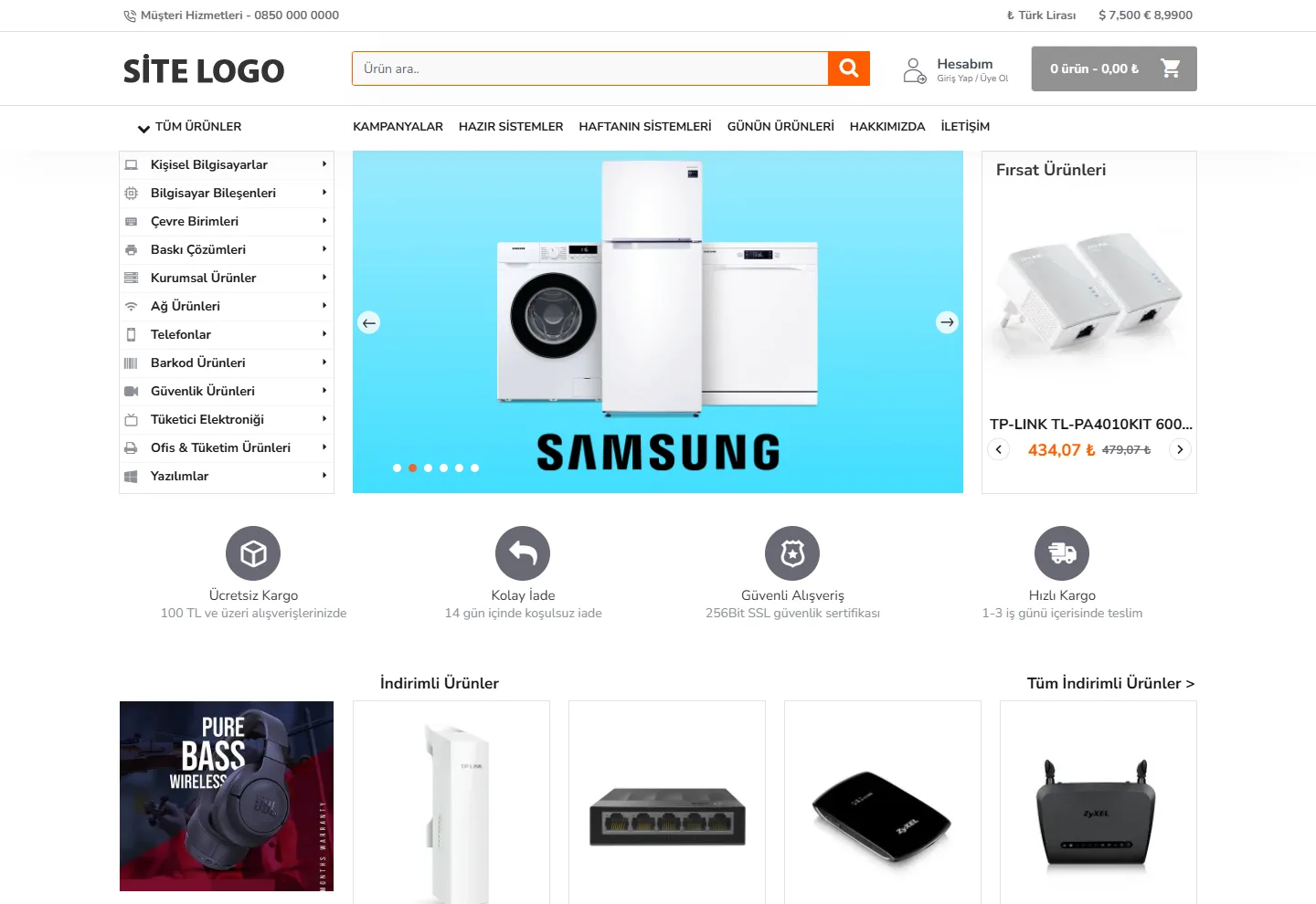 Elektronik (E-Ticaret) web sitesi örneği: Tekno E-Ticaret ana sayfası