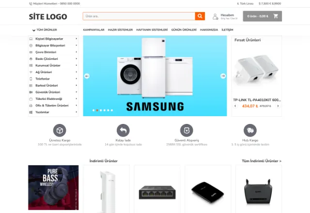 Elektronik (E-Ticaret) web sitesi örneği: Tekno E-Ticaret ana sayfası
